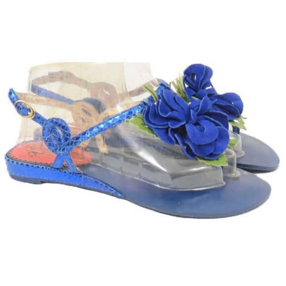 Poetic Licence London Floral Leather Wedge Thong Summer Sandals 7.5 - Picture 1 of 5